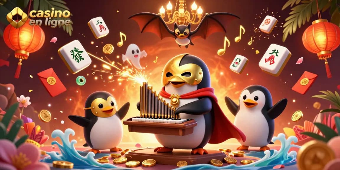Engagez-vous dans le casino en ligne avec un pingouin fantôme jouant d'un orgue, tirant des pièces d'or.