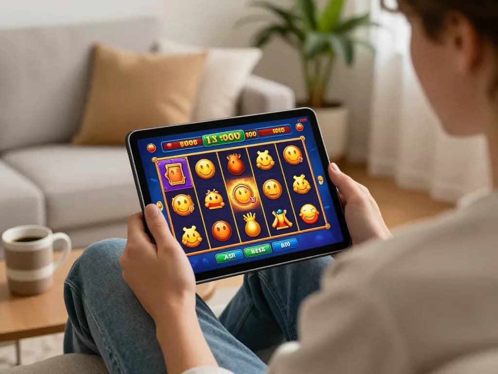 Engaging online casino scene showing a player enjoying deposit 1000 slots on a tablet in a cozy living room.