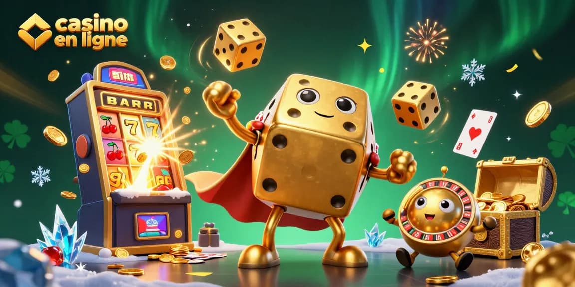 Plongez dans l'univers casino en ligne avec des dés dorés, machines à sous, et éclats de jackpots.