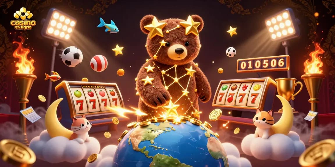 Jouer au casino en ligne avec des rouleaux de machine à sous, un ours constellation et des étoiles dorées.