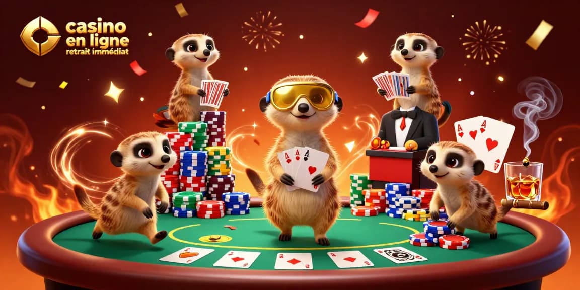 Jouer à casino en ligne retrait immédiat avec des suricates gérant un casino animé en 3D, cartes et jetons inclus.