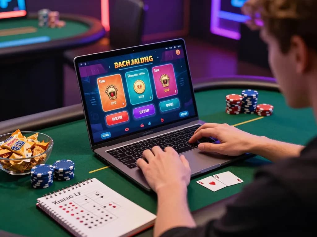 Engaging with TG88 casino gaming on a laptop, showcasing an online poker setup filled with strategic notes.