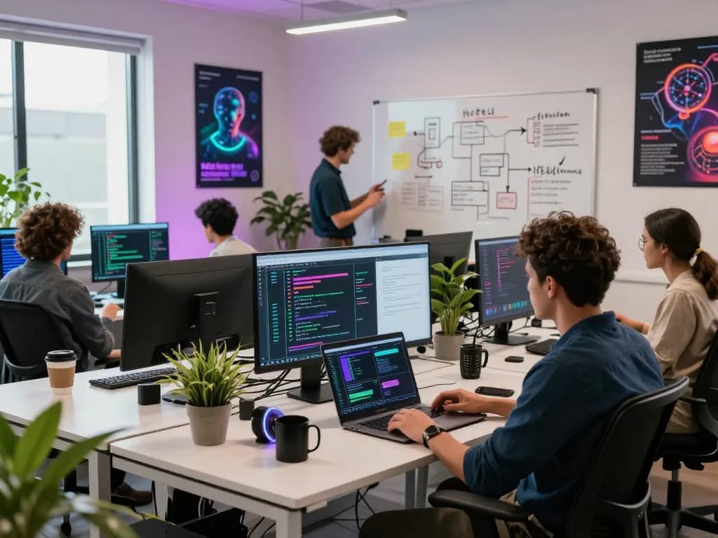 Developers collaborating on AI sex application in modern workspace.