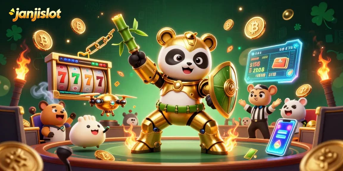 Experience janjislot with an engaging 3D illustration of a golden panda in a casino-themed arena.