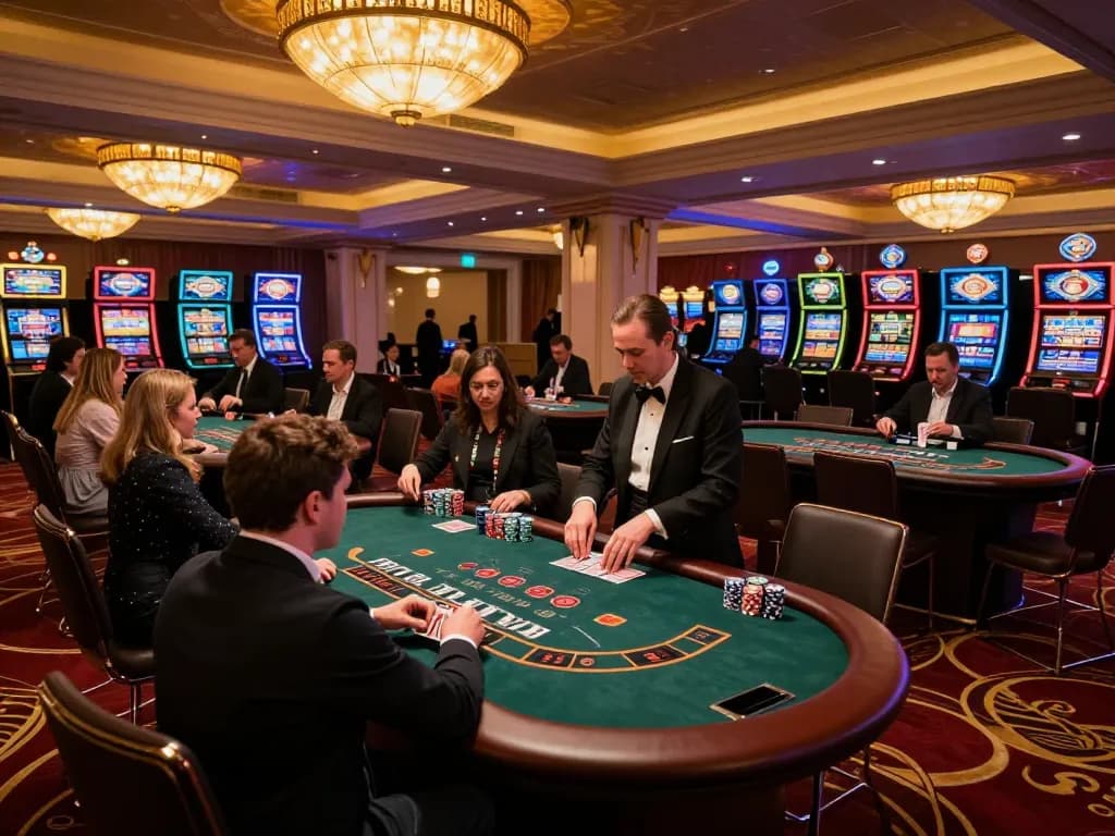 Players enjoying a thrilling blackjack game at fc88 casino, with vibrant ambiance and engaged participants.