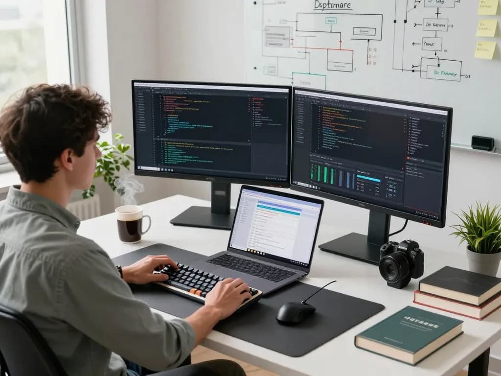 Developer using openclawd on dual monitors in a modern office