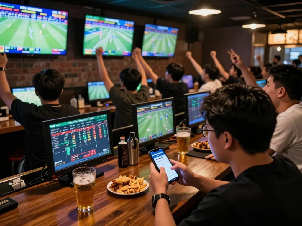 Person placing sports bets using nhandinhkeonhacai app in a lively bar setting.