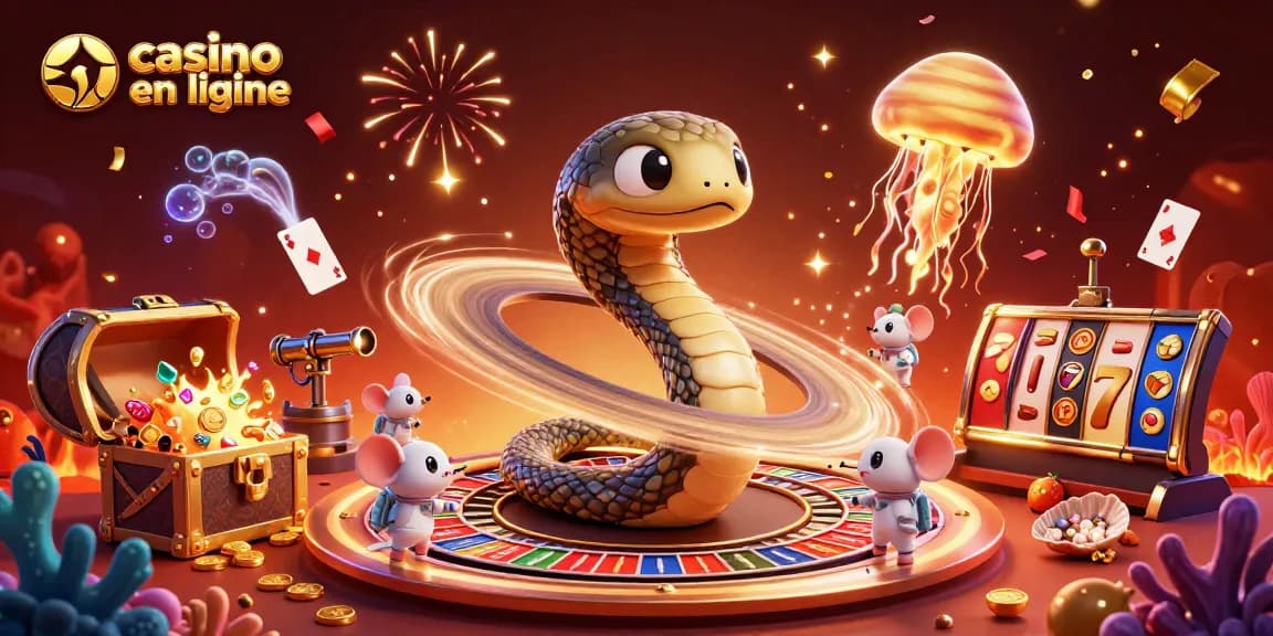 Jouer au casino en ligne avec un serpent enroulé autour de Saturne comme roulette et des astronautes pariant.