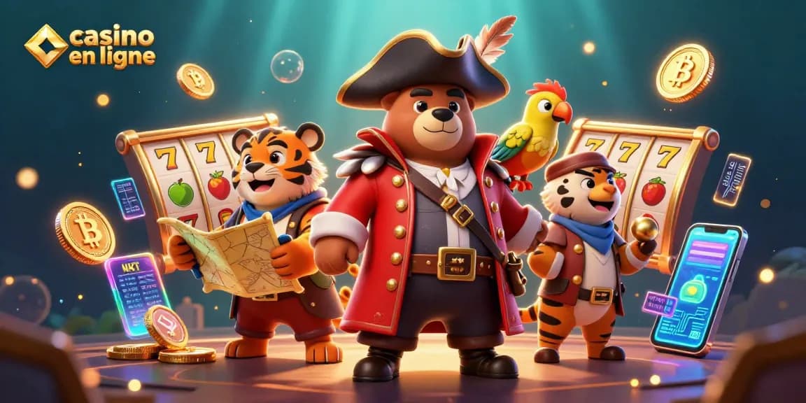 Jouez au casino en ligne avec ce visuel captivant de l'ours capitaine, du tigre premier officier et d'un perroquet.