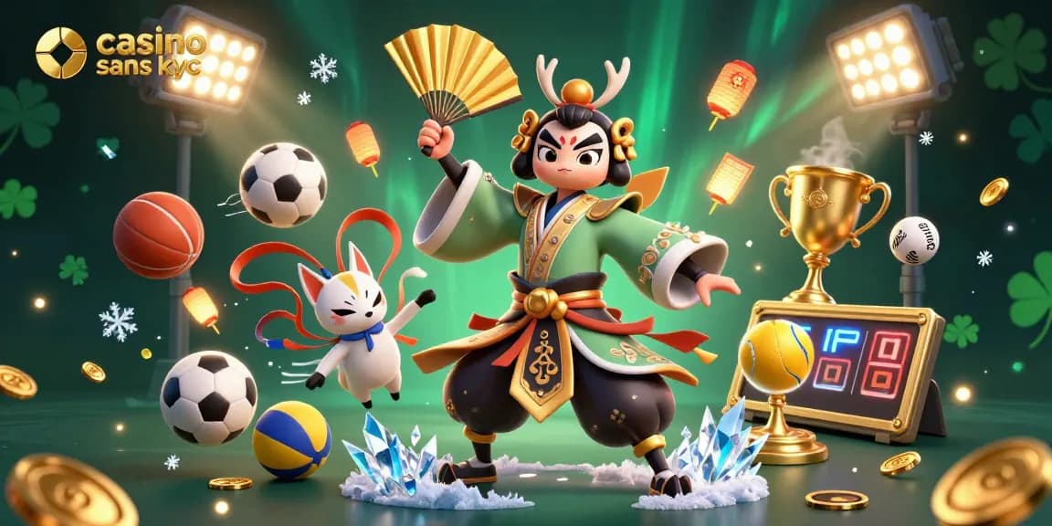Participer à des jeux au casino sans KYC, illustré par un kabuki et des éléments de jeu.