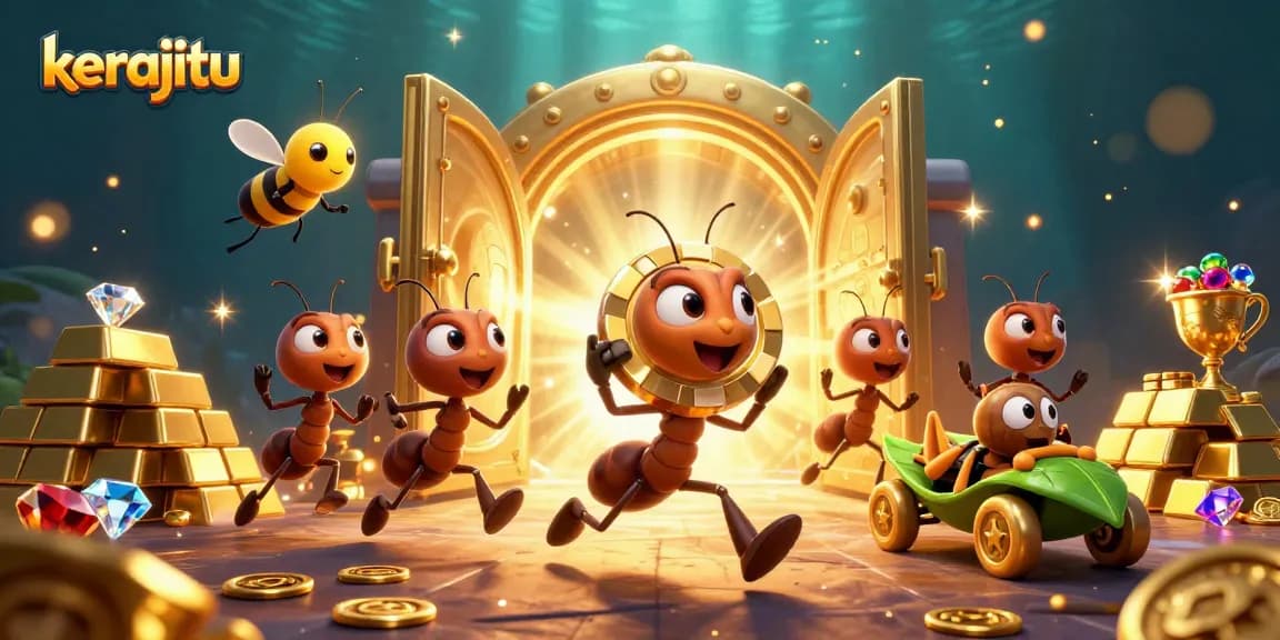 Join the kerajitu heist with ants, poker chips, and dazzling treasures in this vibrant casino scene.