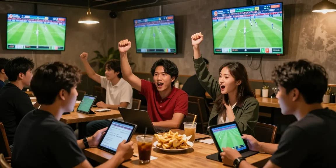 Exciting sports betting atmosphere at a café showcasing keobongdahomnay with fans cheering and analyzing odds.