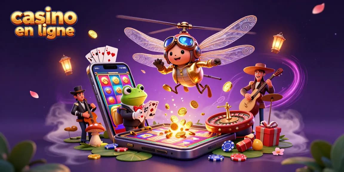 Casino en ligne : un dragonfly pilote, un croupier grenouille et des musiciens pour une ambiance jouant à des jeux.