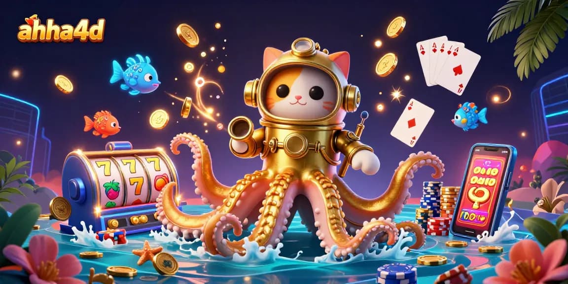 Engage in exciting gameplay with ahha4d featuring immersive 3D illustrations of slot machines, poker chips, and vibrant characters.