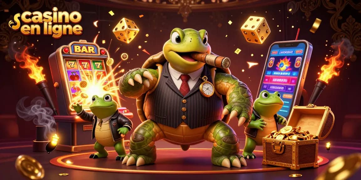 Rejoignez le monde du casino en ligne avec cette illustration captivante d'une tortue et de grenouilles.