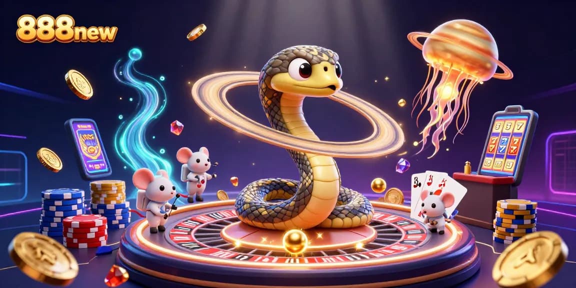 Engage with 888new's thrilling 3D casino universe, where a Saturn ring snake spins roulette while astronaut mice bet.