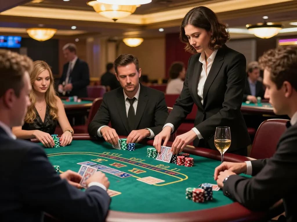 Engaged players at a blackjack table strategizing for a potential superjp win in a lively casino.