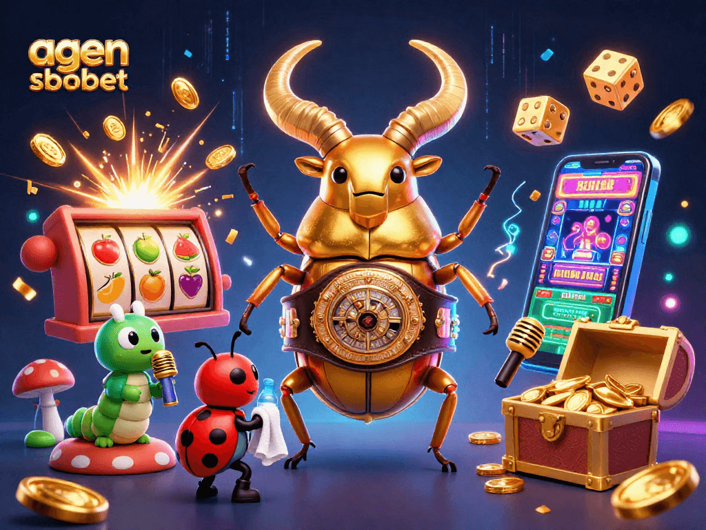Engage with agen sbobet as a golden stag beetle fights for jackpot glory amidst vibrant casino antics.