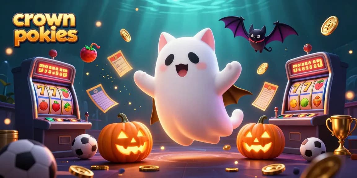 Play crown pokies in an exciting haunted casino scene filled with dynamic game elements and vibrant characters.