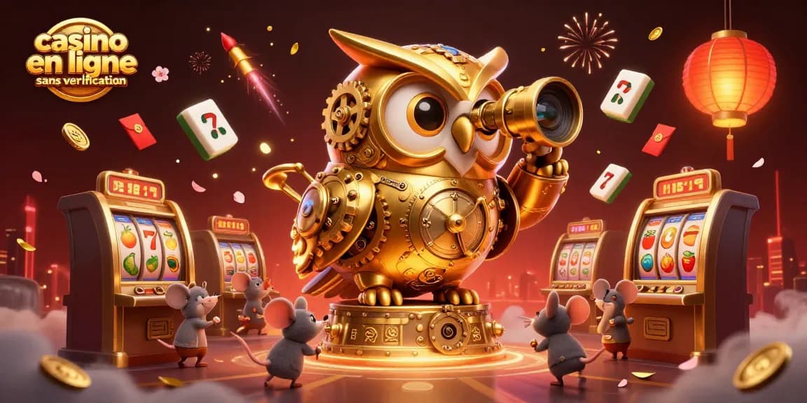 Une scène animée de casino en ligne sans vérification avec une chouette mécanique dorée et des souris entre les machines à sous.