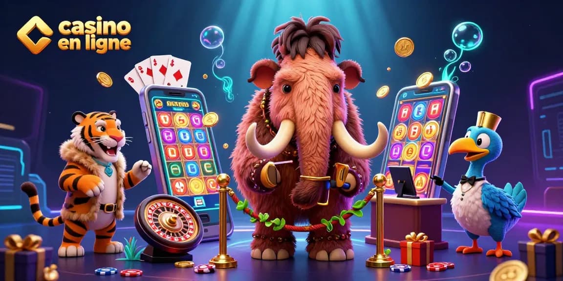 Casino en ligne : mamouth et tigre VIP à l'entrée d'un casino coloré avec des jeux.