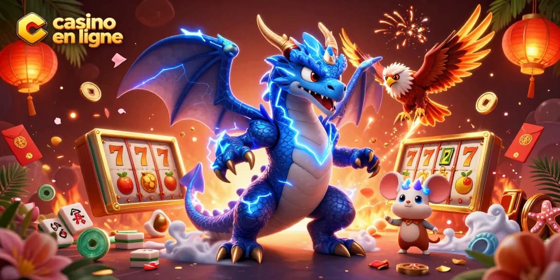 Visualisez le monde captivant du casino en ligne avec une illustration dynamique, incluant des dragons et des éléments de jeu.