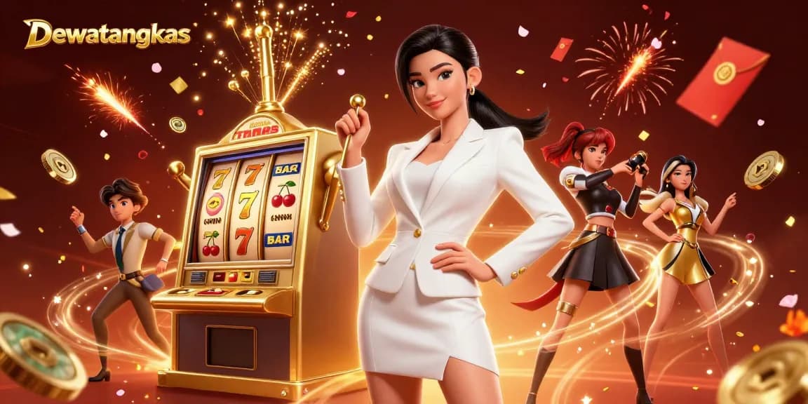 Dewatangkas showcases a confident Asian woman elegantly posing with a golden lever amidst dynamic slot symbols.