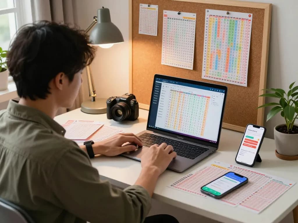 Enthusiast tracking HK lottery results in home office with lottery tickets and charts.