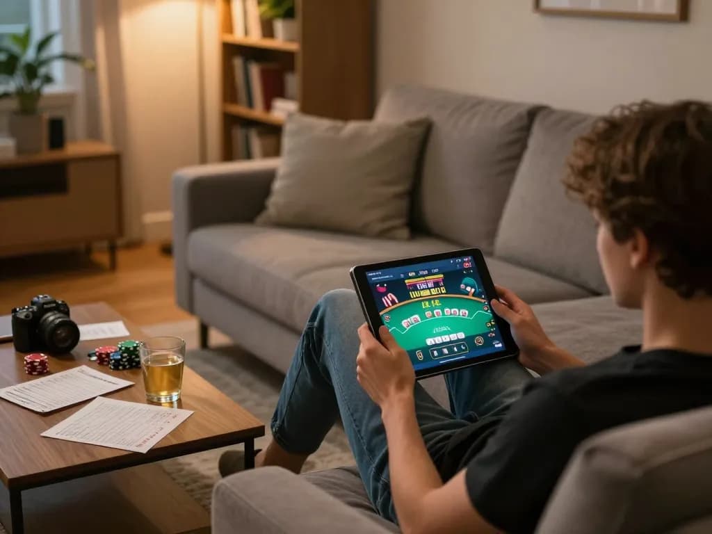 Engaging with qh88go online casino on a tablet in a cozy home environment