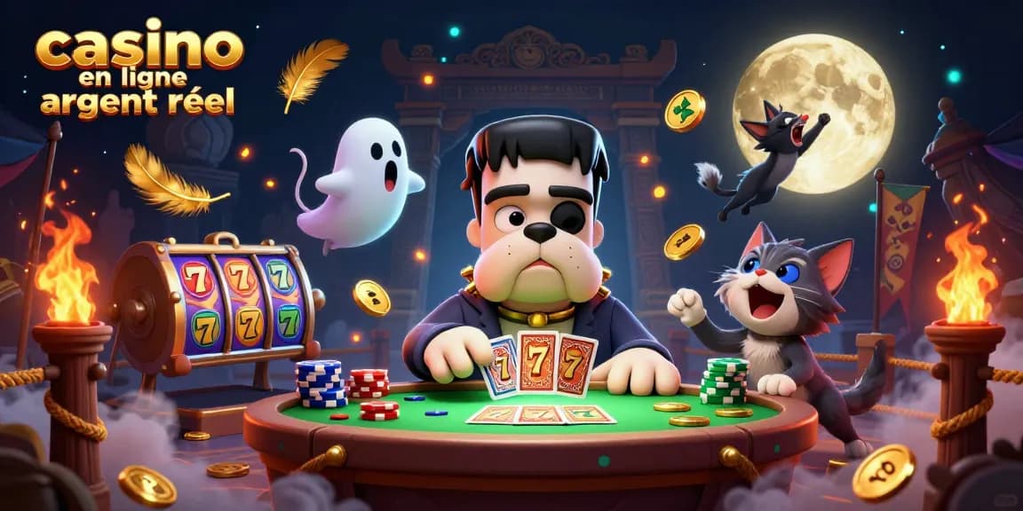 Jouez dans un casino en ligne argent réel avec des cartes distribuées par un bulldog Frankenstein dans un univers féérique.