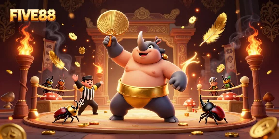 Experience the excitement of FIVE88 as the vibrant champion beetle stomps coins amid a dynamic gambling arena.