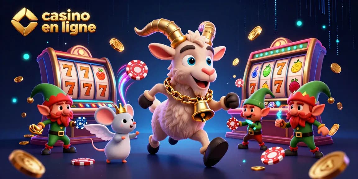 Une scène dynamique de casino en ligne avec Krampus, une souris ange, et des gremlins jouant aux machines à sous