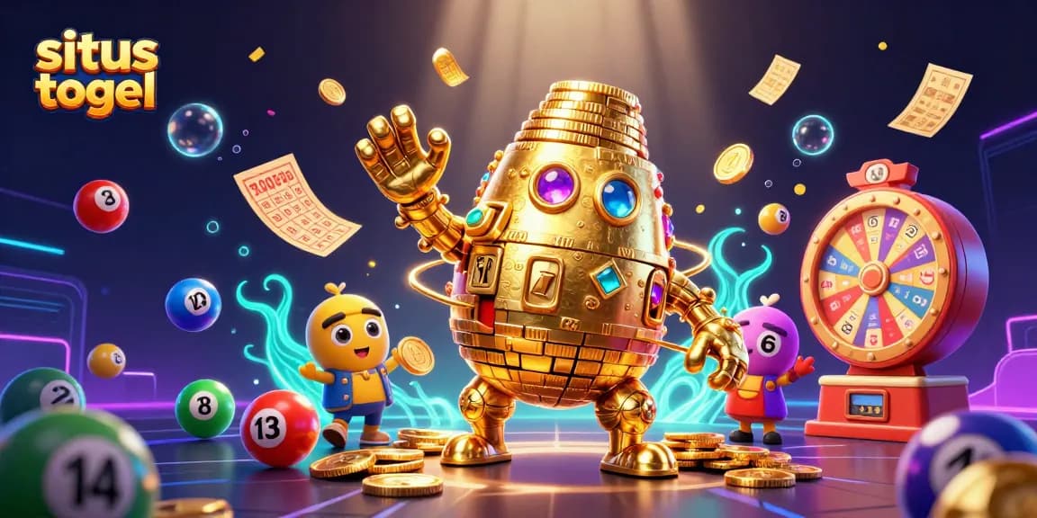 Engage with situs togel in vibrant 3D illustration featuring golden golem and dynamic lottery elements.