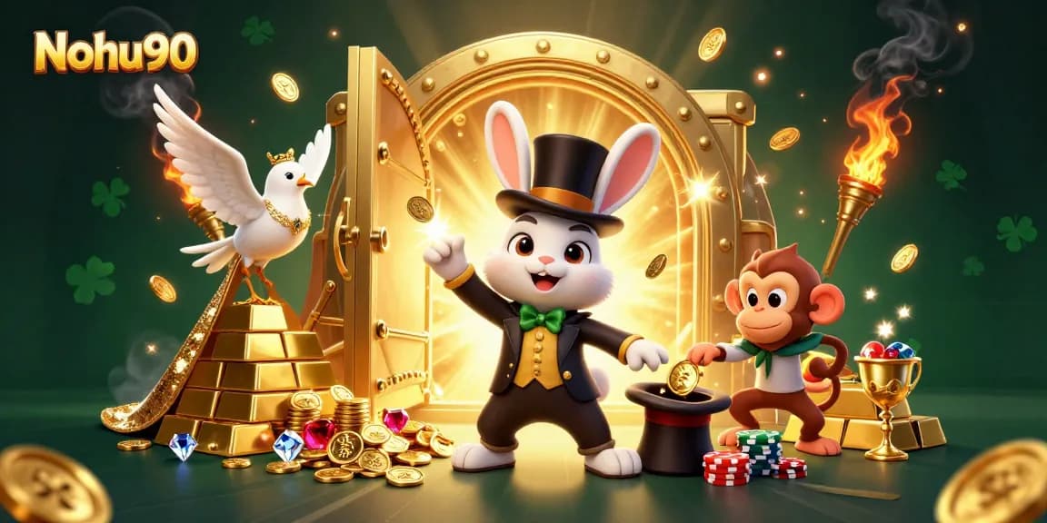 Nohu90 features a magician rabbit and dove in a vivid casino scene, showcasing exciting slots and jackpots.