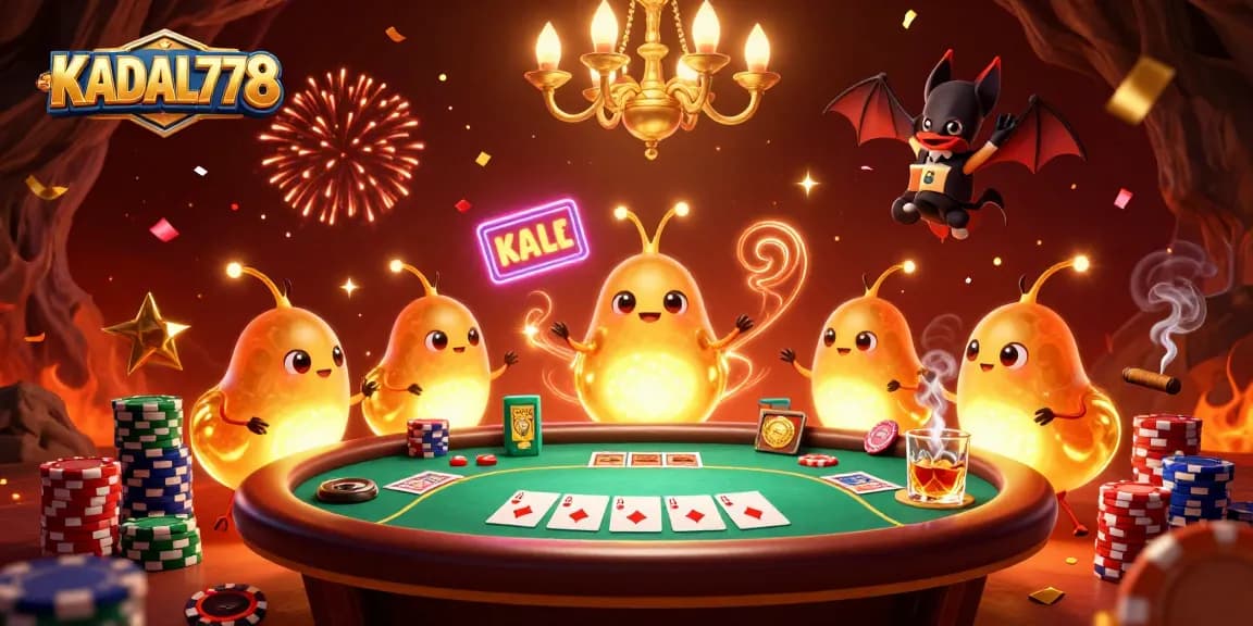KADAL778 glows with vibrant casino elements as the animated glowworms illuminate the poker table.