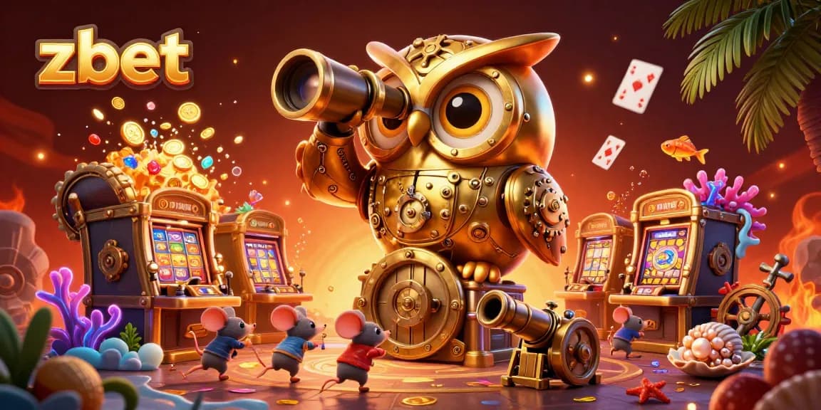 A lively casino scene with zbet's golden owl surveying gold coins, vibrant coral, and whimsical patrons.