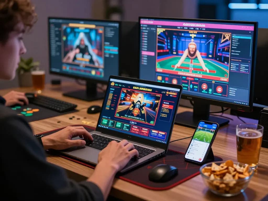 Engaging in cloud-africa online gaming at home, showcasing multiple screens and a strategic setup.