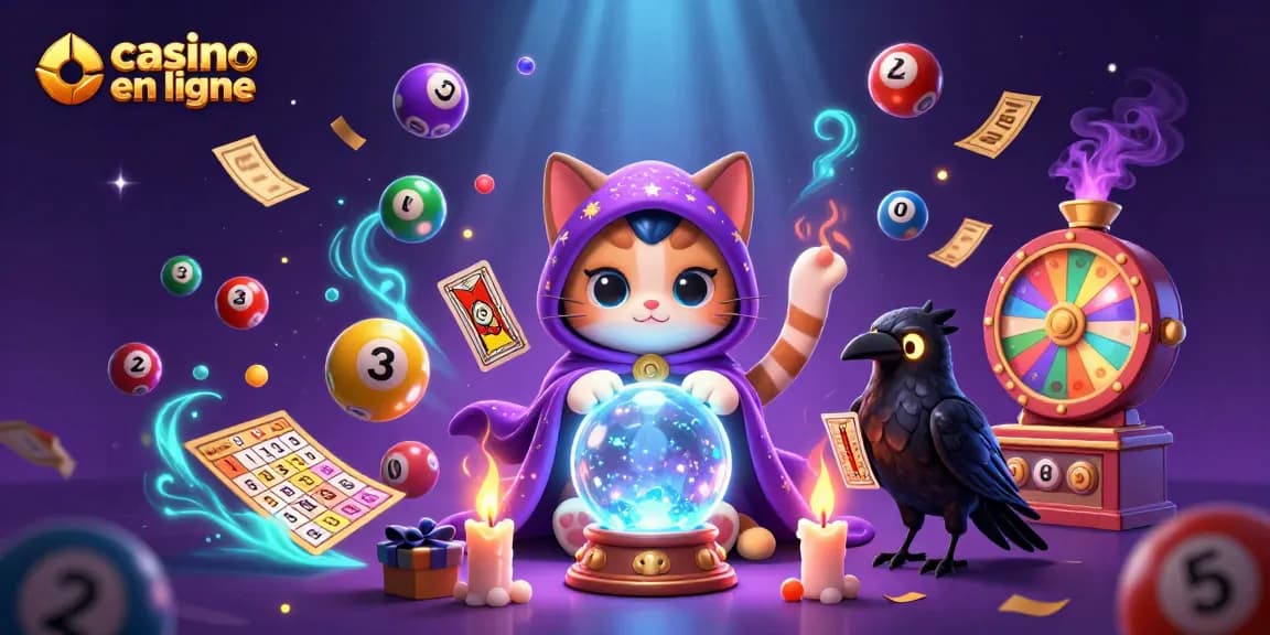 Venez découvrir le casino en ligne avec un chat voyant et un corbeau de tarot dans une scène dynamique.
