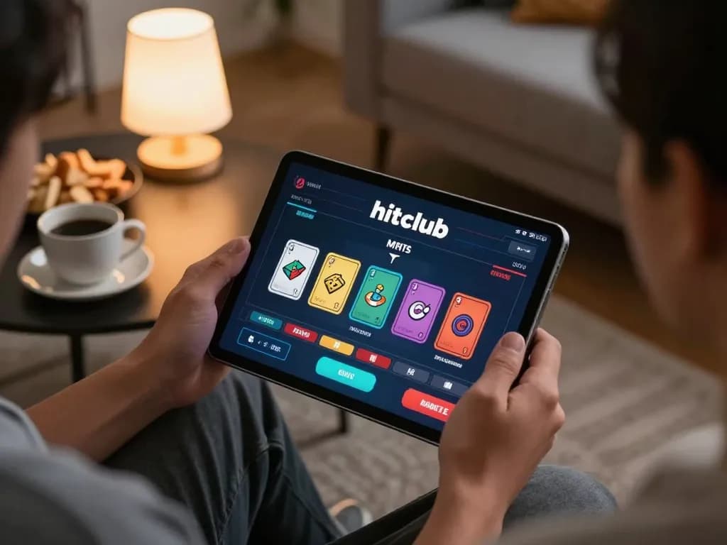 Engaging in hitclub gaming on a tablet, showcasing the interface and cozy home atmosphere