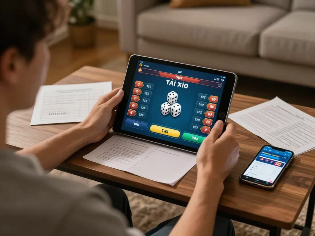 Engaging in online Tài Xỉu gameplay at home on taixiuonline8 tablet with strategy notes and app.