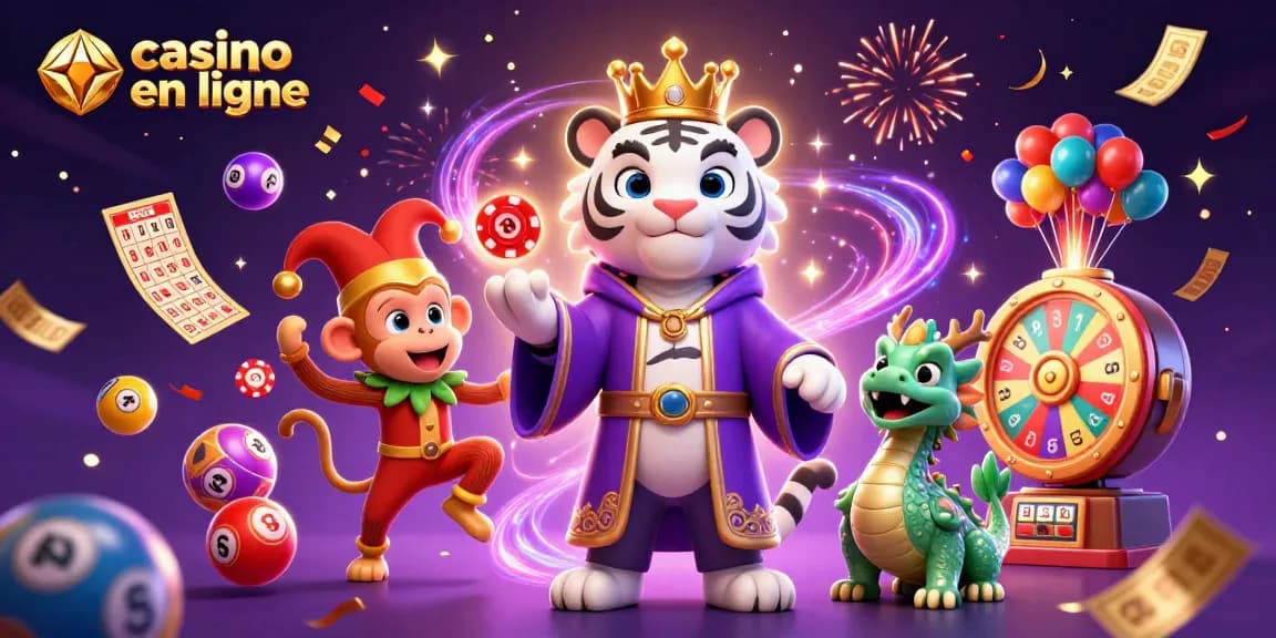 Découvrez le casino en ligne avec un tigre majestueux, un singe jongleur et des éléments festifs.