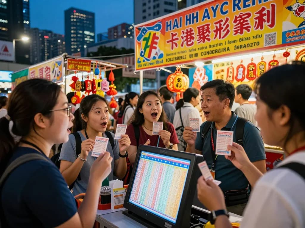 Excited players engaging with HK lottery results in vibrant urban setting