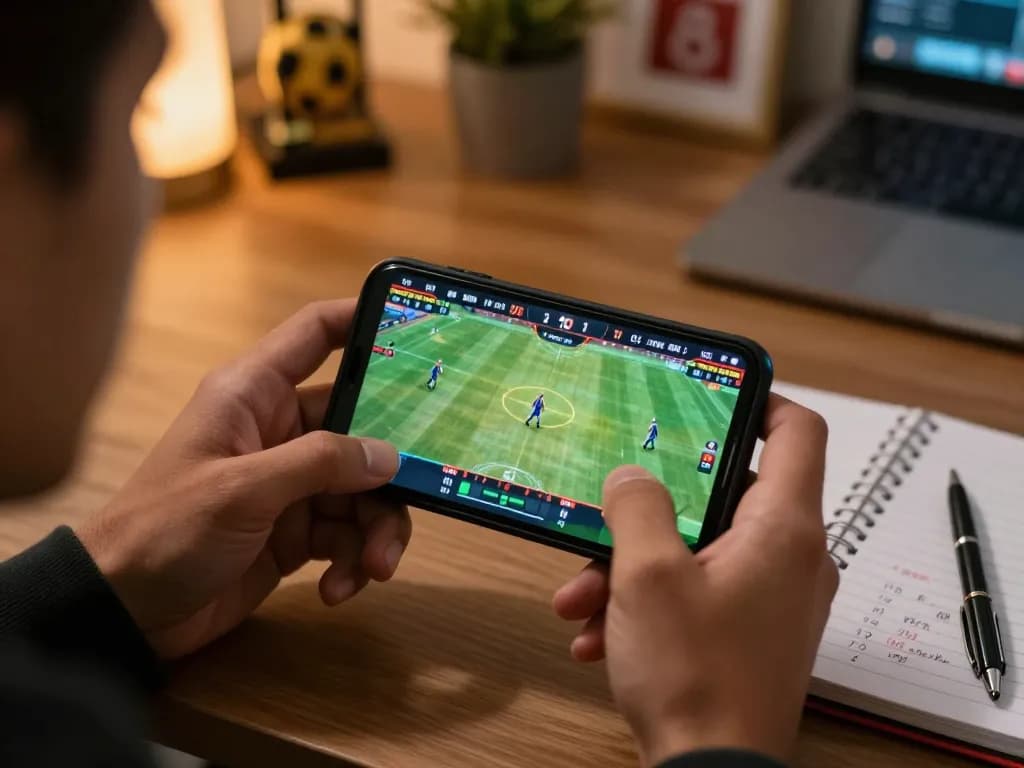 An engaged player using llwin for sports betting on their smartphone surrounded by betting notes.