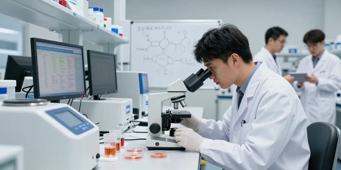 Copper peptide research in a modern lab, featuring scientists analyzing samples and data.