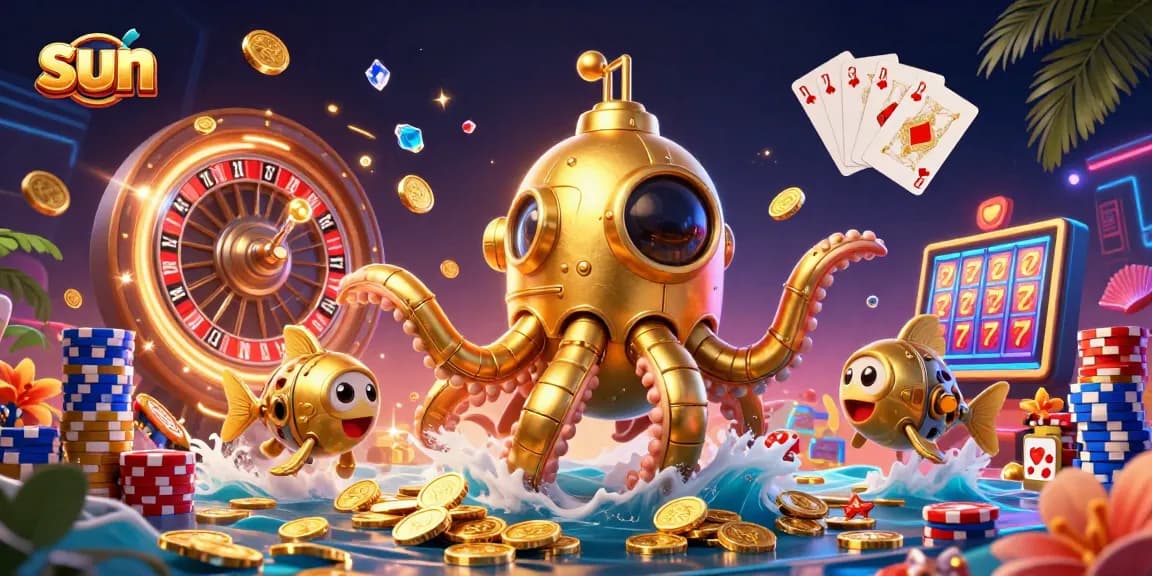 Win with the sun-themed golden kraken submarine and dynamic casino action in this vivid illustration.