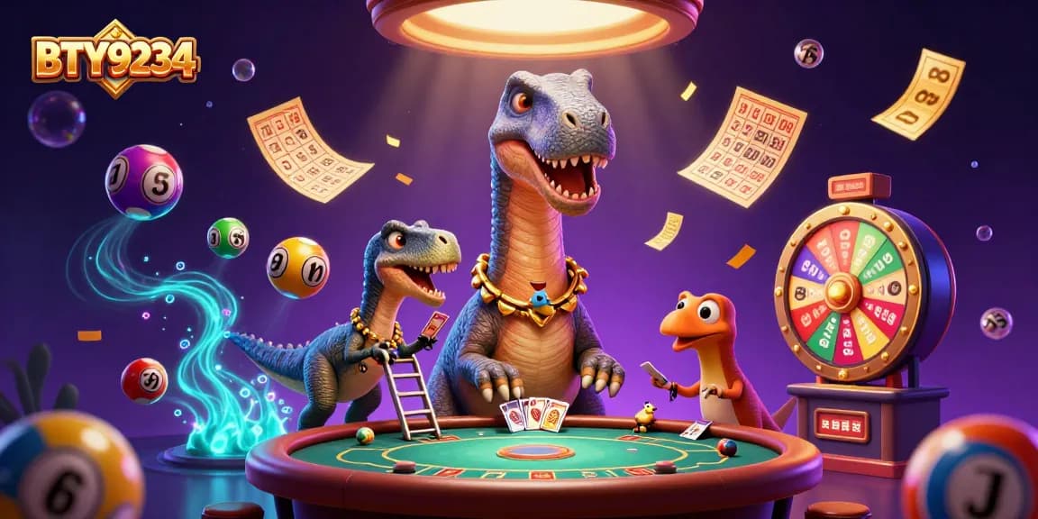 BTY9234 showcases a whimsical casino scene with a towering brontosaurus and a clever raptor dealing cards.