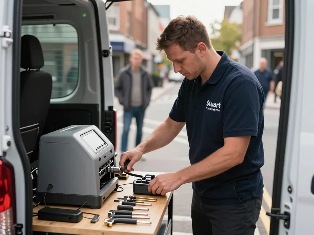 Stuart locksmith services provided by a professional locksmith assisting with emergency lockout in a service van
