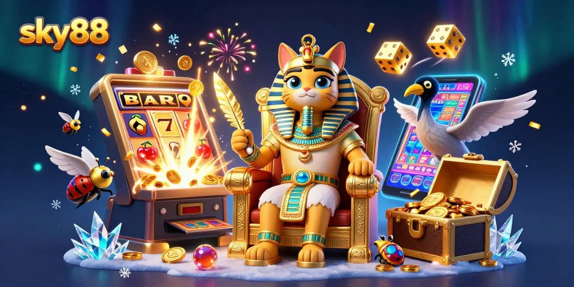 Engage with sky88's thrilling jackpot experience featuring a pharaoh cat and interactive casino games.