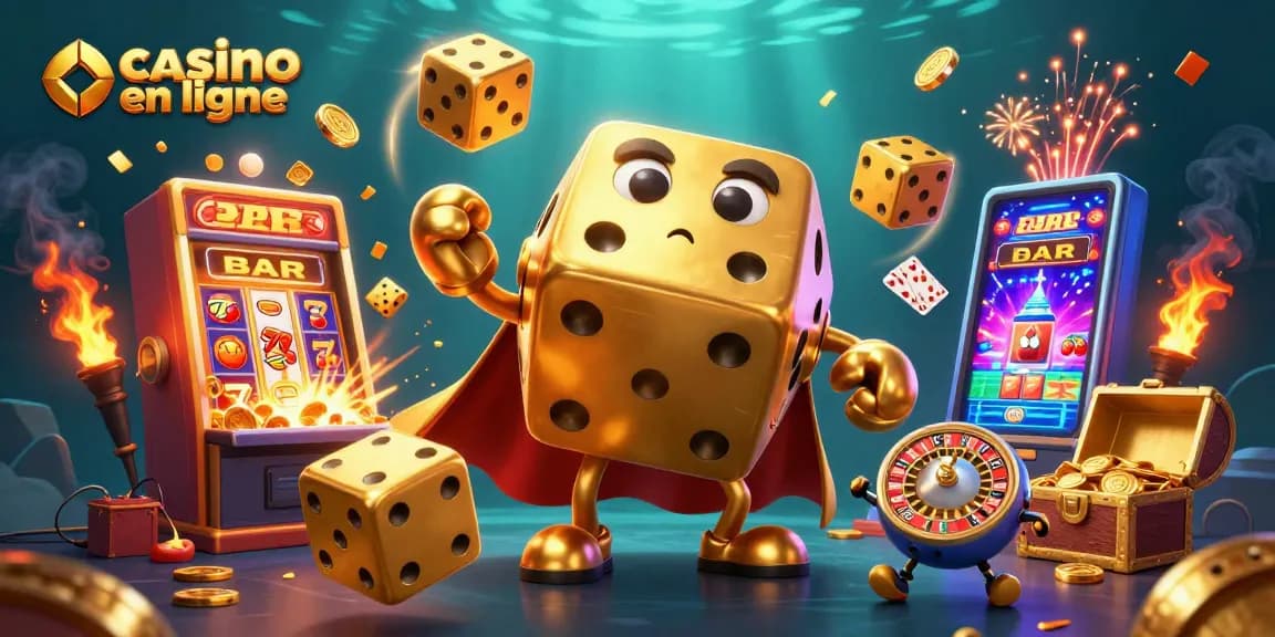 Illustration dynamique du casino en ligne avec un golem de dés dorés jonglant des dés et des éléments de jeux.