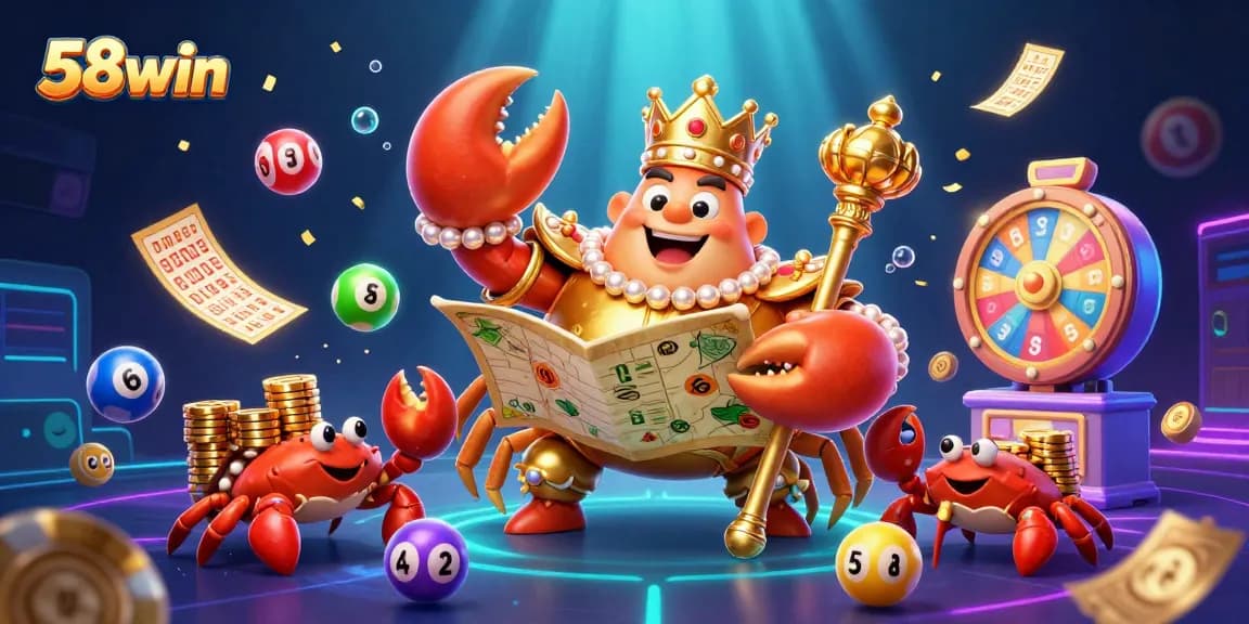 Experience vibrant gaming excitement with 58win's golden crab emperor and colorful lottery elements.